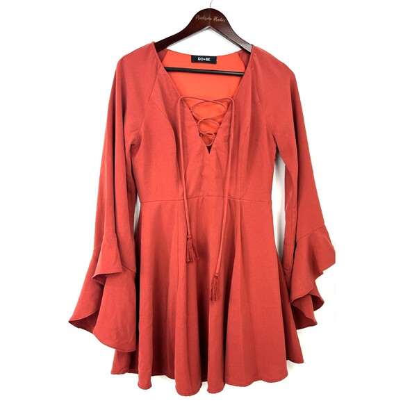 DO + BE Womens Rust Dress Layered Lined Bell Sleeve Lace Tie Mini Sz M 1198N3 - Picture 2 of 12